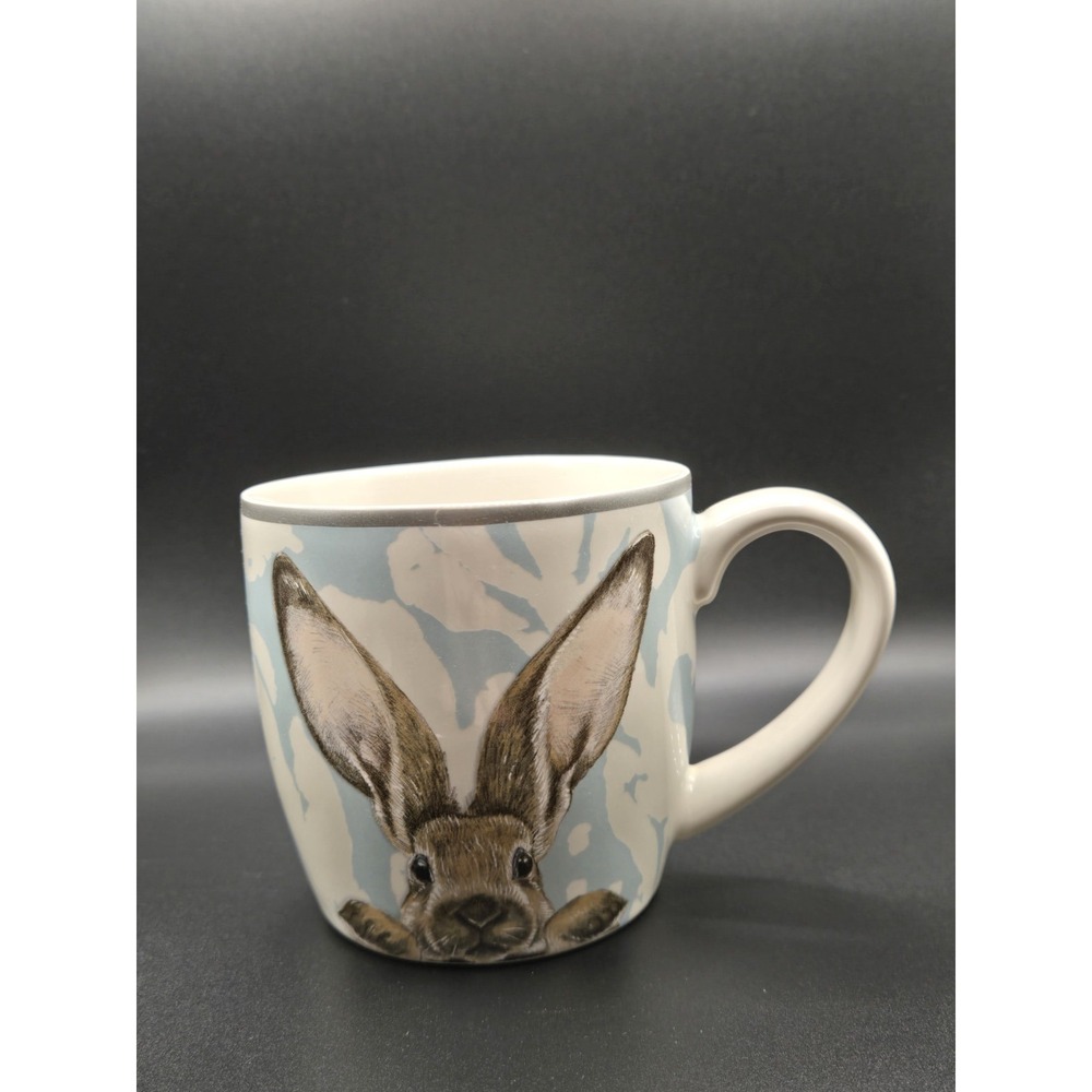 Williams Sonoma Bunny Rabbit Hare Coffee Tea Cup Mug Blue Damask Adorable 10 oz